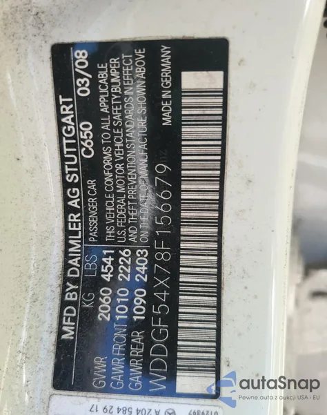 2008 Mercedes-Benz C 300 z USA, uszkodzony, nr VIN WDDGF54X78F156679